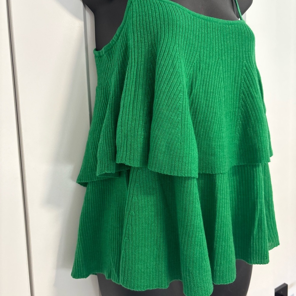 J.Crew Cropped Flounce Kelly‎ Merino Wool Tiered Green Tank Top Size Small - Picture 2 of 10